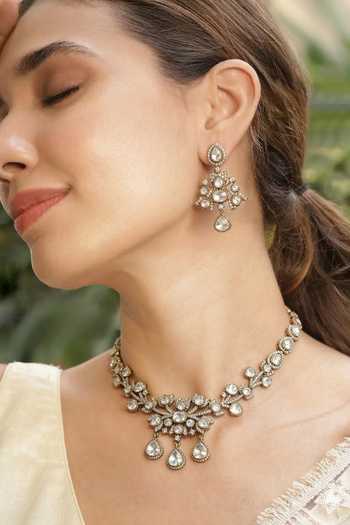 Prestones Flower Motif Carved Necklace & Earrings Set 