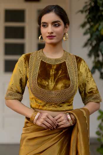Mimamsaa Farhat Gold Velvet Silk Embroidered Blouse 