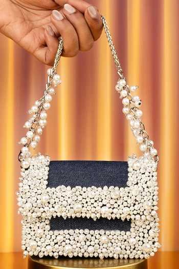 House Of Kosha Elana Denim Pearl Embellished Mini Bag 