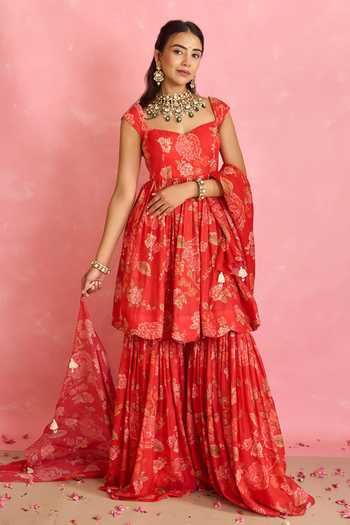 Shahmeen Husain Floral Print Peplum Kurta Sharara Set 