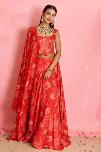 Shahmeen Husain Floral Print Silk Lehenga & Blouse Set 