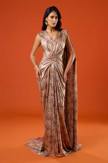 Tarun Tahiliani Flower Pattern Saree Gown 