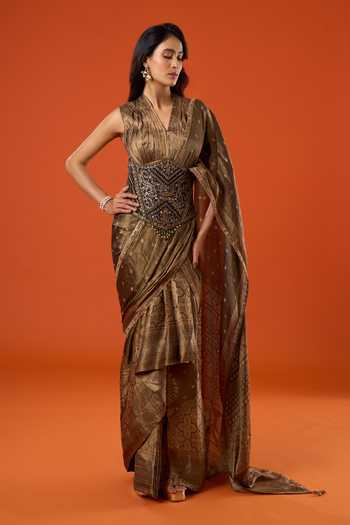 Tarun Tahiliani Floral Woven Pre-Draped Saree With Blouse 