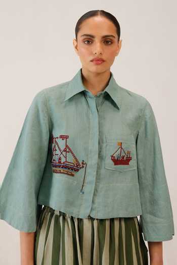 Cord Fern Sailor Embroidered Cropped Linen Shirt 