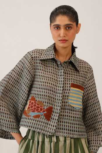 Cord Fern Fish Applique Work Shirt 