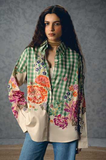 Paulmi And Harsh Jade Checks & Floral Abstract Print Shirt 
