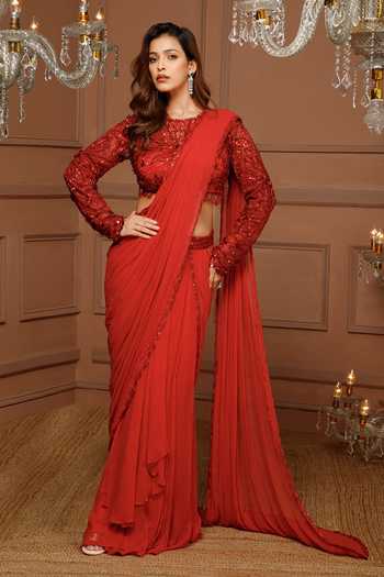 Kanj By Priyanka A Sakhuja Lihana Embroidered Pre-Draped Saree & Blouse Set 