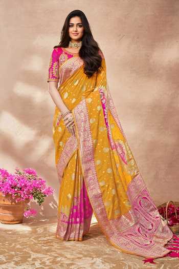 Khwaab By Sanjana Lakhani Yellow Banarasi Floral Woven Saree & Blouse 