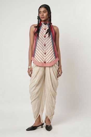 Shwetanga Panelled Halter Neck Top & Dhoti Pant Set 