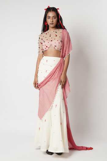 Shwetanga Gamcha Crystal Pre-Draped Saree With Blouse 