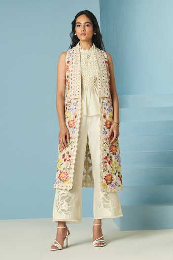 Chandrima Ivory Checkered Applique Pant 