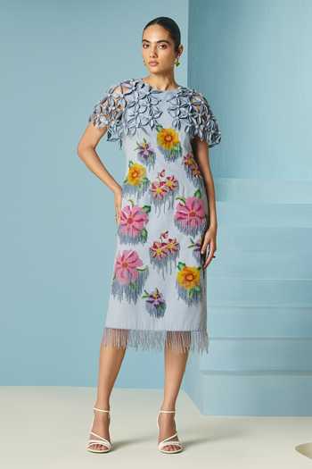 Chandrima Powder Blue Floral Beadwork Cape Dress 