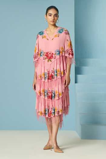 Chandrima Pink Floral Beadwork Tiered Dress 