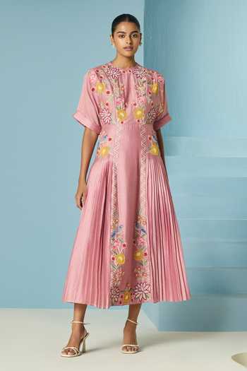 Chandrima Floral Embroidered Pleated Midi Dress 