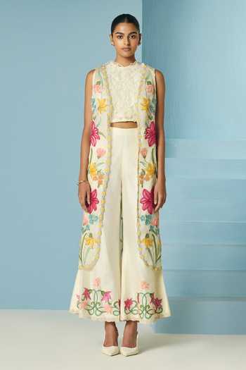 Chandrima Ivory Floral Applique Long Jacket 