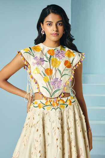 Chandrima Ivory Tulip Embroidered Cape With Bustier 