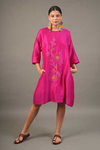 Myoho Hand Embroidered Pure Chanderi Dress 