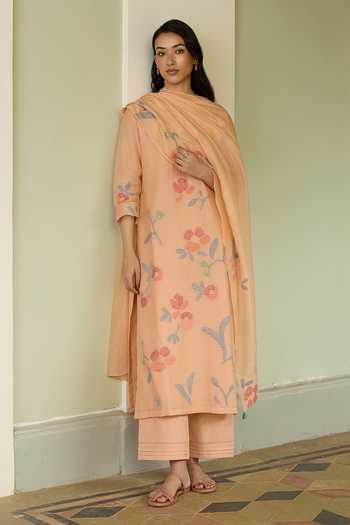 Vaayu Peach Applique Floral Embroidered Kurta Set 