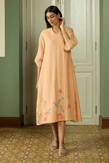 Vaayu Peach Pintuck Applique Dress 