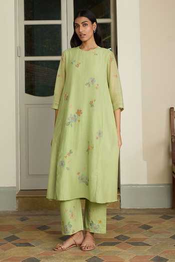 Vaayu Lime Embroidered Floral Kurta & Pant Set 