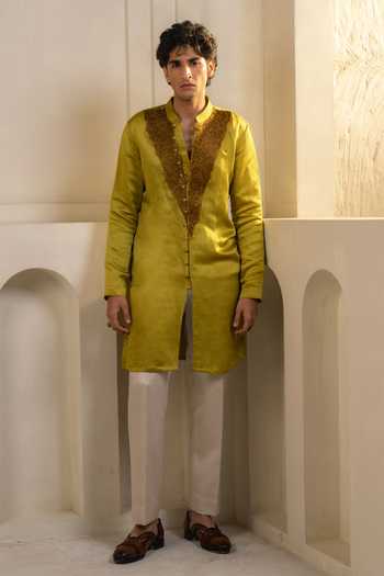 Jatin Malik Gold Moss Linen Silk Kurta Set 