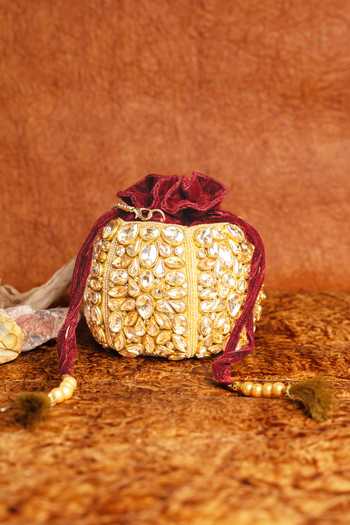 Nayaab By Sonia Kundan Work Silk Potli Bag & Chain 