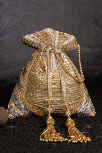 Nayaab By Sonia Metallic Chain Work Silk Potli Bag & Chain 