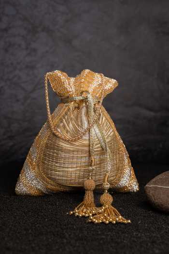 Nayaab By Sonia Metallic Chain Work Silk Potli Bag & Chain 