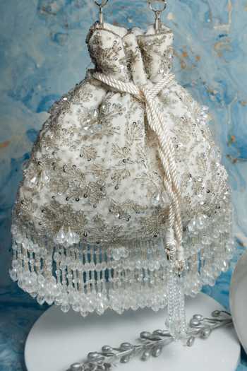 Nayaab By Sonia Bead Crystal Silk Potli Bag with Chain 