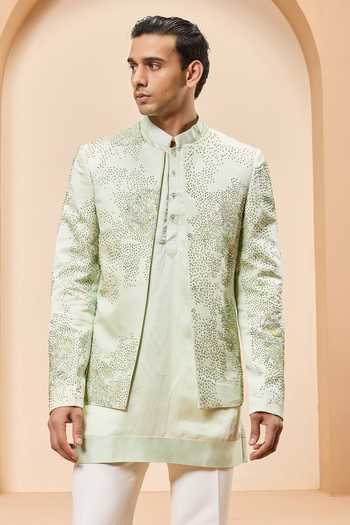 Sarab Khanijou Chanderi Silk Embroidered Bandhgala Set 