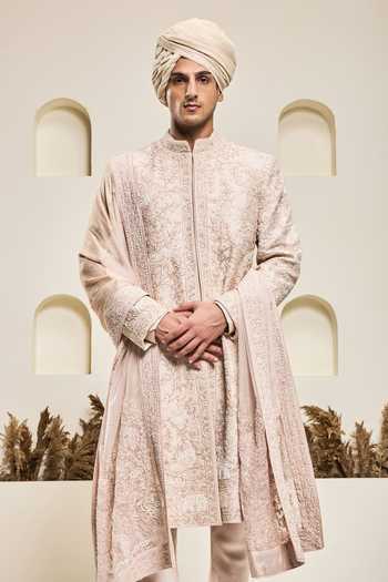 Sarab Khanijou Tonal Embroidered Raw Silk Sherwani Set 