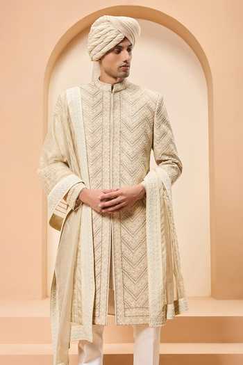 Sarab Khanijou Raw Silk Geometric Pattern Sherwani Set 