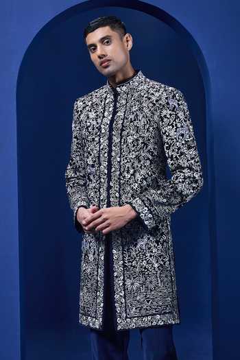 Sarab Khanijou Floral Vine Pattern Velvet Sherwani Jacket & Trouser Set 