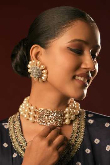 Bijoux By Priya Chandna Pearl Bloom Crystal Embellished Earrings 