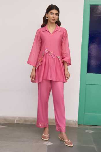 Beige Embroidered Mul Chanderi Top & Cotton Satin Pant Set 
