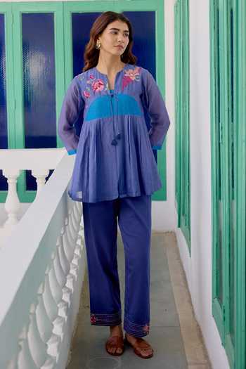Beige Pure Mul Chanderi Top & Pure Cotton Satin Pant Set
