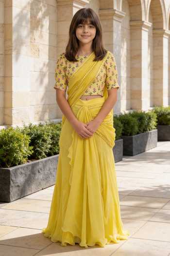 FAYON KIDS Pre-Draped Saree With Printed Blouse 