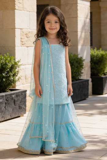 FAYON KIDS Blue Embroidered Kurta Lehenga Set