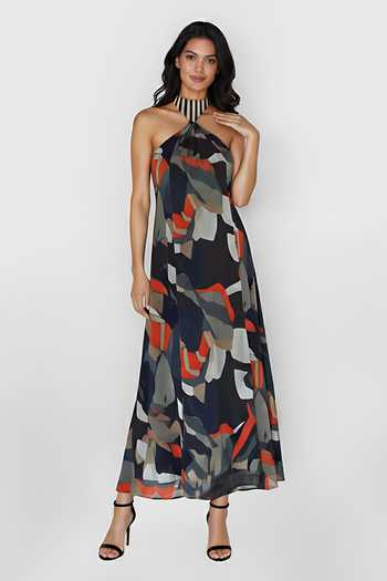 House Of Varada Abstract Print Halter Dress 