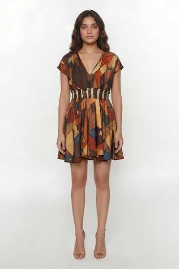 House Of Varada Amber Mosaic Print Plunged Neck Dress 