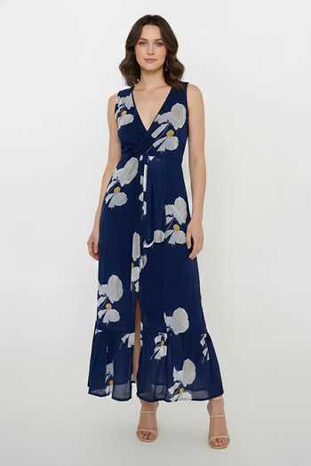 House Of Varada Bold Floral Print Slit Dress 