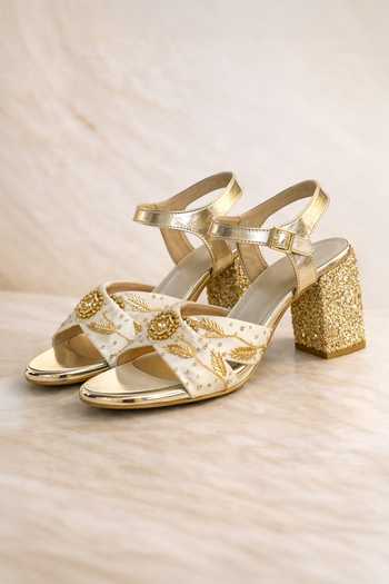 Tiesta Gold Embroidered Block Heels 