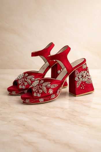 Tiesta Red Embroidered Block Heels 