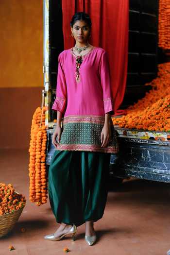 Alam By Tulsi Patel Neelkamal Handwoven Silk Tunic & Dhoti Pant Set 