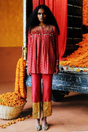 Alam By Tulsi Patel Rohira Flared Silk Kurta & Pant Co-ord Set 