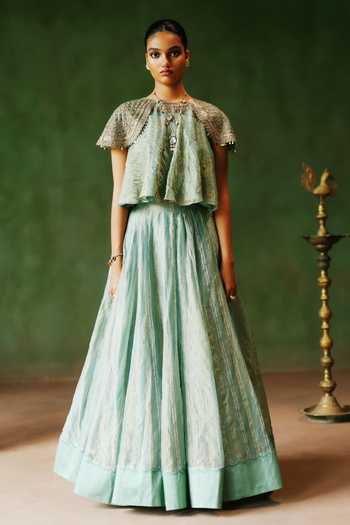 Alam By Tulsi Patel Raqs Striped Crushed Tissue Top & Lehenga Set 
