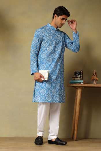 Pomcha Jaipur Chaap Blue Hand Block Cotton Kurta Set 