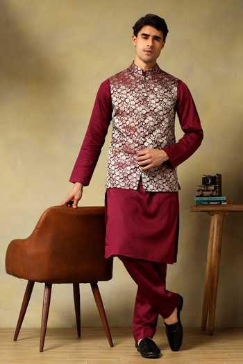 Pomcha Jaipur Chaap Brocade Bundi Kurta Set 