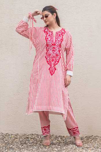 Daljit Sudan Red Striped Phiran Kurta & Pant Set 