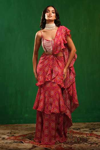 Ahi Clothing Mandla Print Ruffle Pre-Draped Saree With Blouse 